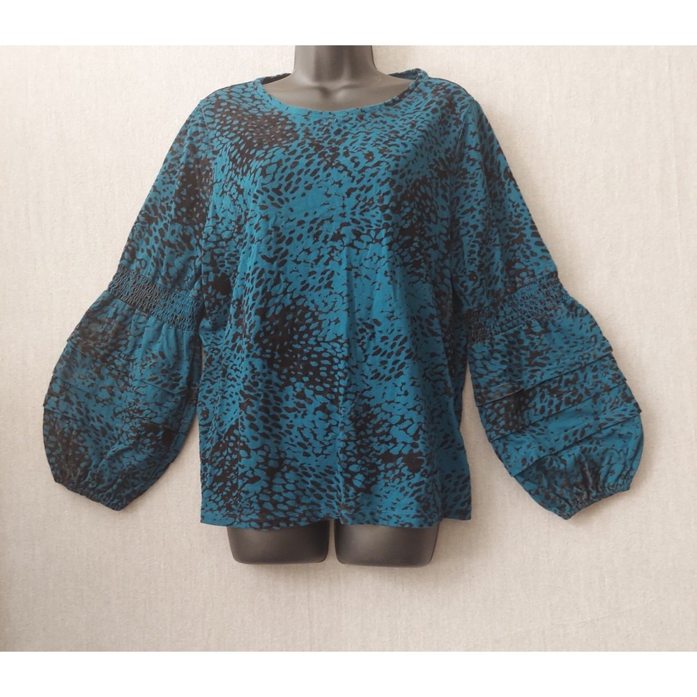 Chicos‎ XL Velvet Flocking Tunic Blue Peasant Balloon Sleeve Boho Smocked Arms